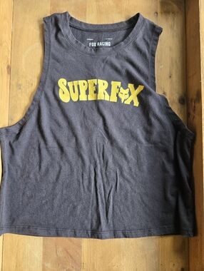 🖤 Fox Racing black tank top with bold yellow “Super Fox” graphic 🦊 Small